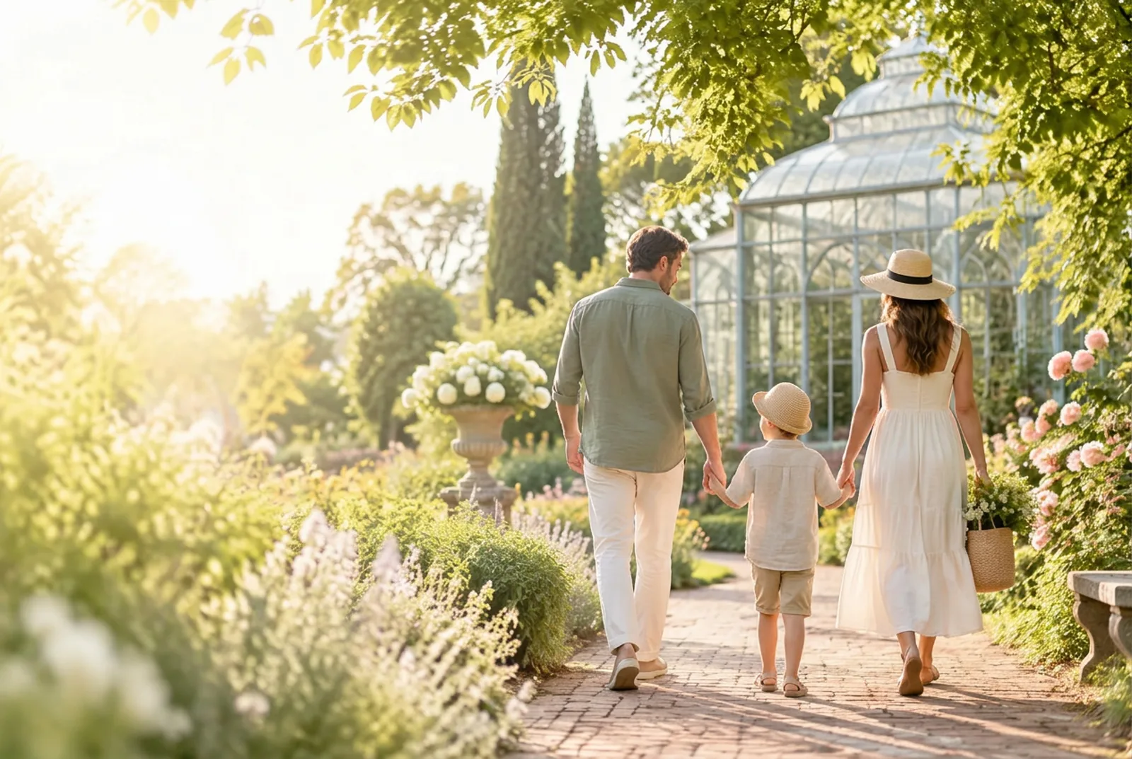 A family walking together through a sunlit botanical garden